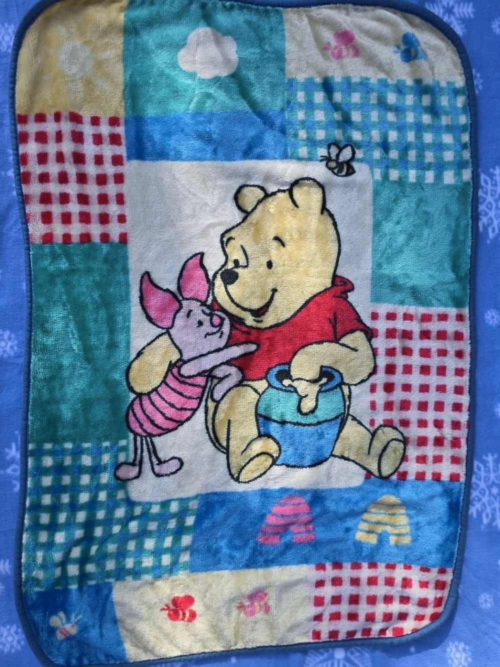 Vintage Winnie the Pooh & Piglet Plush Baby Blanket - Yellow, Red, Blue, Teal